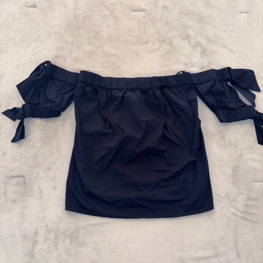 Milly Womens Navy Blue Off The Shoulder Tie Sleeve Poplin Top Size S Made in USA